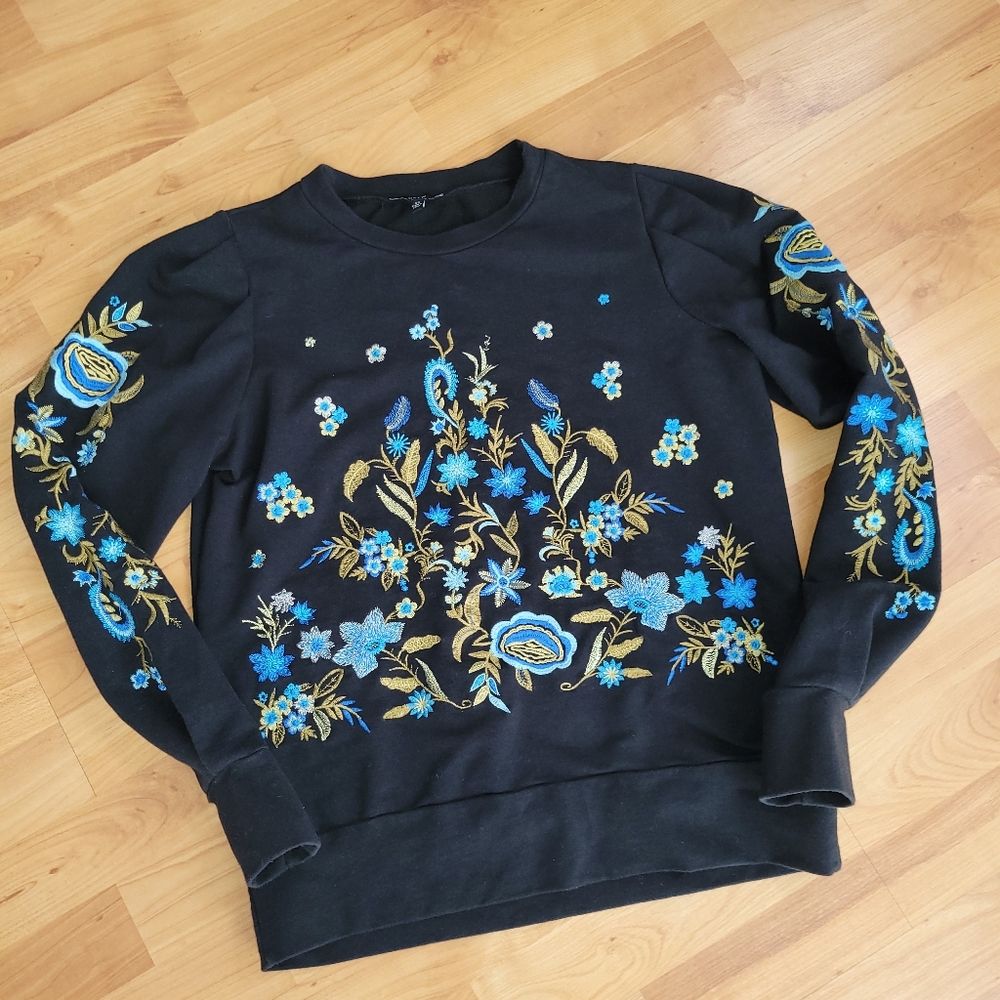 Drew Embroidered Floral Puff Sweatshirt XS S